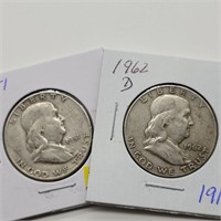 1951 S & 1962 D FRANKLIN SILVER HALF DOLLARS