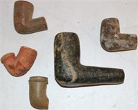 5 CARVED STONE AND CLAY PIPES, ONE CLAY