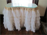 GLASS TOP TABLE W/ BURLAP & LACE SKIRT