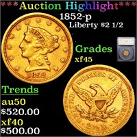 *Highlight* 1852-p Liberty $2 1/2 Graded xf45