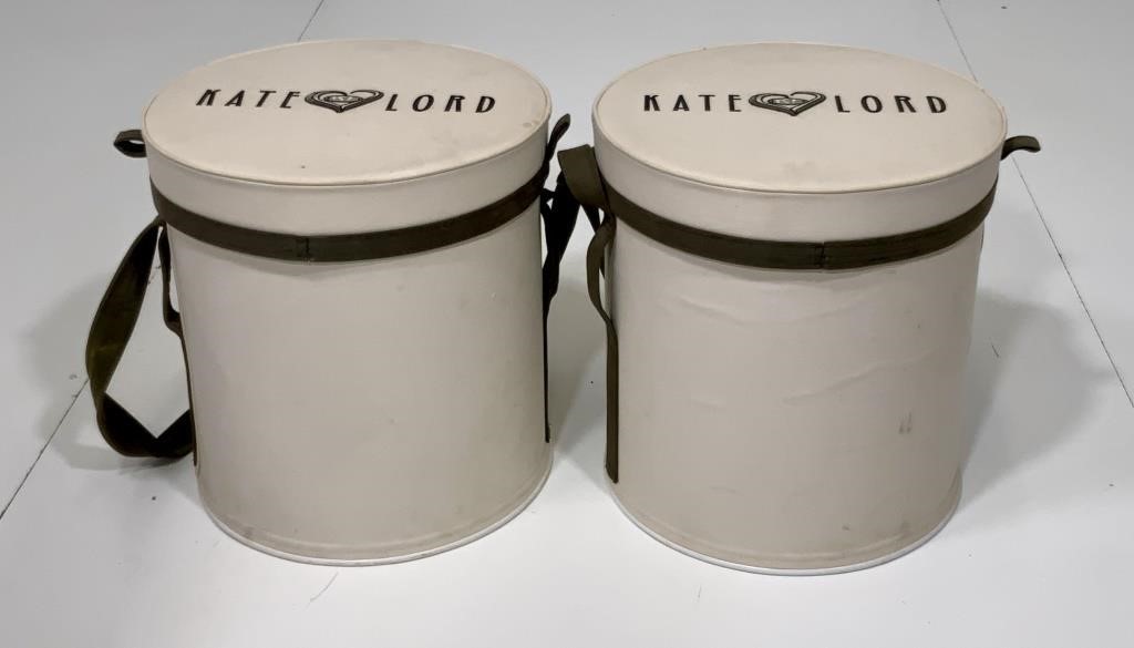 2 Kate Lord hat boxes, 16" dia., 17" tall with