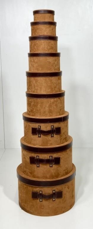 9 faux leather hat boxes, 18.5" dia. to 6.5" dia.,