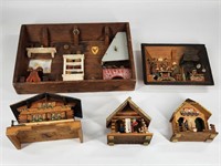 2) WOOD WEATHER GUIDES, MUSIC BOX, 2) PLAQUES