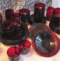 Ruby or Red Glass Dinnerware, Trays & Asst Items