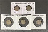 Five Liberty Head V Nickels Various Dates