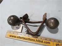 Two Large Brass Sleigh Bells on Leather Strap