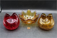 Blenko Crackle Pinch Bud Vases & Lotus Bowl