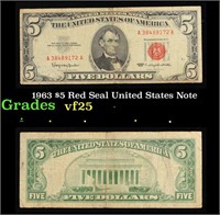 1963 $5 Red Seal United States Note Grades vf+