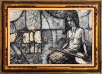 Carlos Irizarry Woman Playing Guitar Oil on Canvas