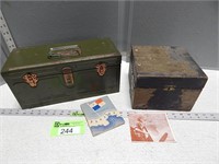 Metal box with key; wooden box with metal embellis