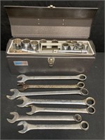 METAL TOOLBOX WITH WRENCHES AND MOSTLY CRAFTSMAN