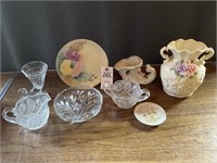 Porcelain Floral Vase, Cornucopia, Plate, Cut