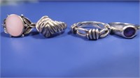 4 Sterling Silver Rings(Amethyst-Sz 6, MOP-Sz 7 &