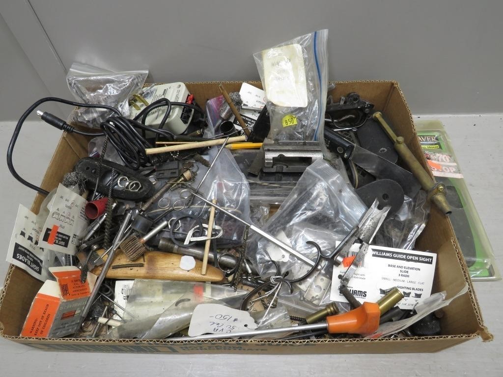 Widely assorted gun parts, hardware, cleaning