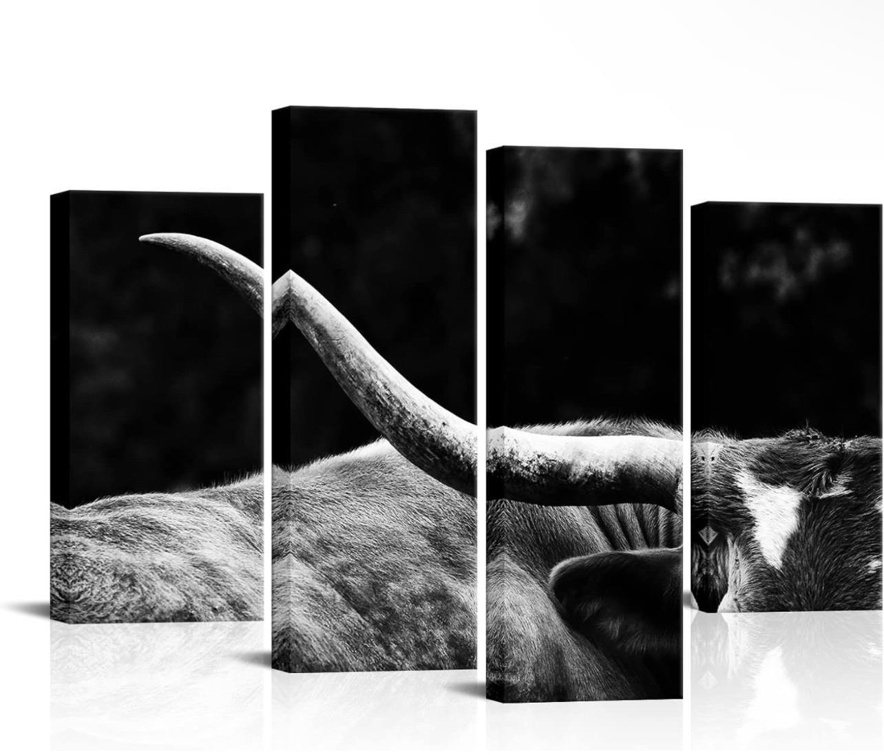 Nachic Wall 4 Panels Black and White Longhorn