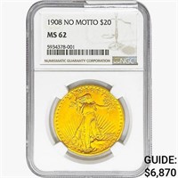 1908 $20 Gold Double Eagle NGC MS62 No Motto