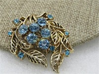 Vintage Blue Rhinestone Floral Swag Brooch, 2", Go