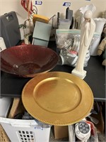 ceramic statue, gold large plate & large red bowl