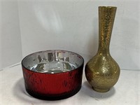 Vintage Brass Vase, Red Mercury Glass Trinket