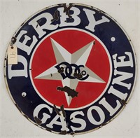 "Derby Gasoline" Double-Sided Porcelain Sign