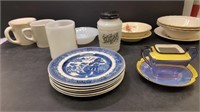 Willow pattern China plates, glass mugs, glass