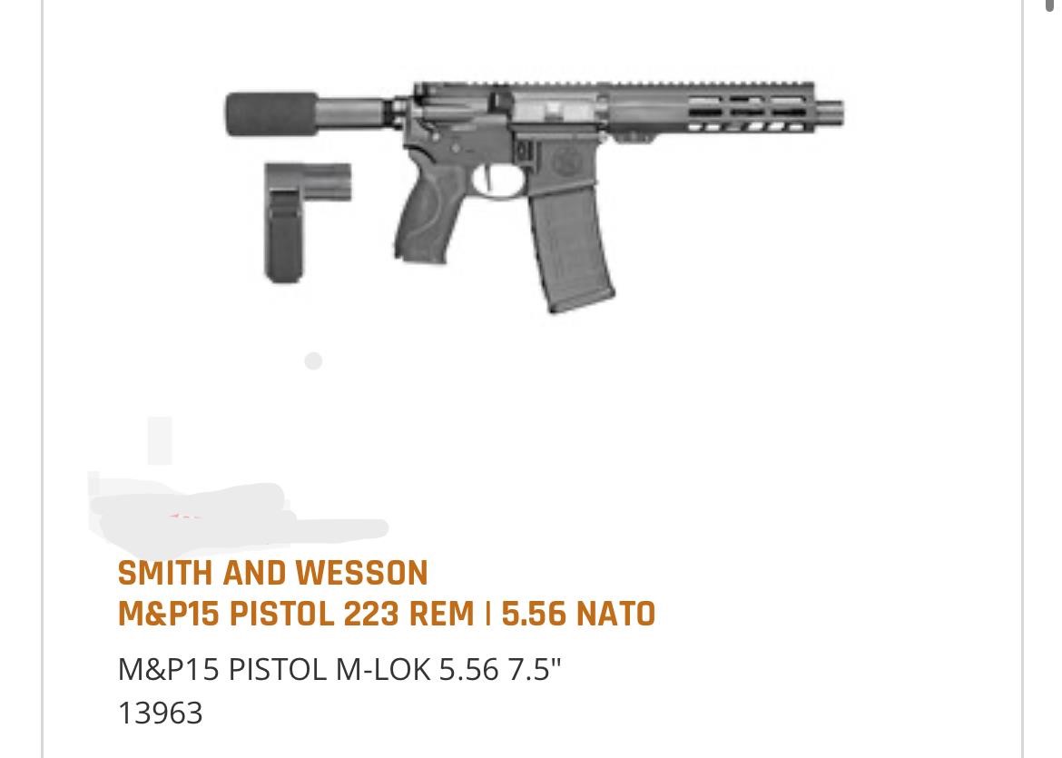 Smith and Wesson M&P15 Pistol M-Lok MSRP $916.00