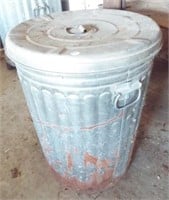 Galvanized metal garbage can with lid. Measures 2