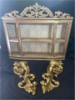 Gilded Wall Display Cabinet and Sconces