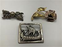 3 Sterling Brooches 28.4gr TW