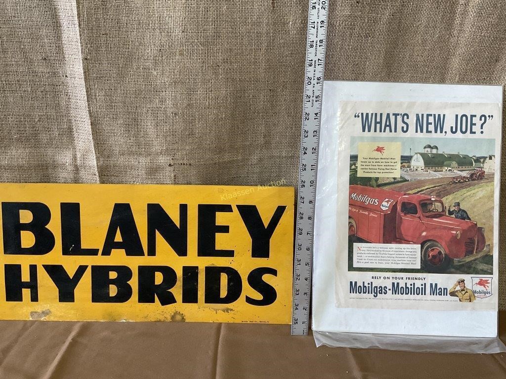 Vintage Blaney Hybrids seed corn cardboard sign,