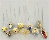 10 vintage, etc. metal hat pins - some set with