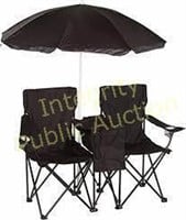 Double Folding Camping Chair w/Umbrella Black