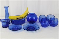 10 Cobalt Art Glass Bowls, Vases, Plates & Hat