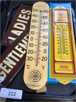 Advertising thermometers, Restroom signs.