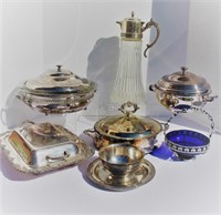 Silver Plate Covered Serving Dishes,Glass Pitcher