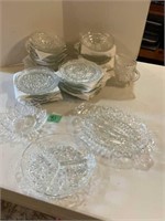 18 Lead Crystal plates, 12 bowls, relish trays