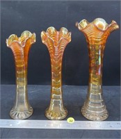 3 Carnival Glass Fluted Vases (9", 9.5" &