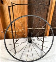 antique wheel- 22" & wrought iron stand