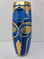 Art Deco Azure Blue and Gold Ribbed Vase
