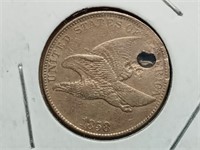 OF) nice details 1858 flying eagle cent, holed