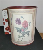 VTG METAL WASTE BASKET, BURGANDY FLOWERS