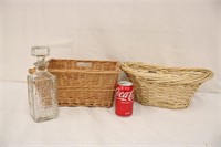 Pair of Wicker Baskets & Vintage Decanter
