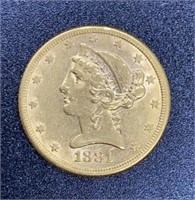 1881 Liberty Head Variety 2 $5 Gold Coin