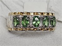 RING MARKED 925 SILVER 5 GREEN STONES