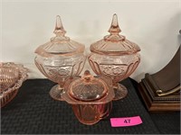 Pair Pink Depression Glass Candy Dishes + Sugar