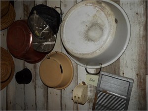 Old pans ,wash board.clothes line tin, hats