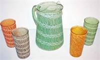 Retro Water Pitcher & Four Tumblers, 9" H Pitcher