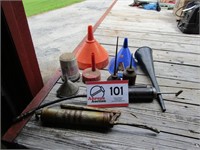 Grease Guns (2), Funnels, Oil Cans, Etc.