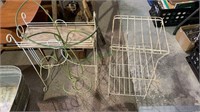 3 vintage wire plant stands - one with a wood