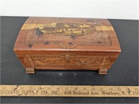 Antique Carved Cedar Box w Decoupaged Top